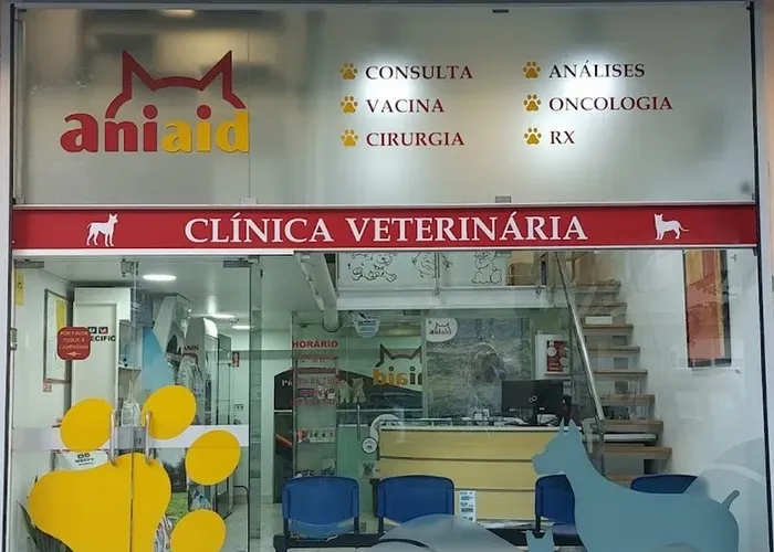 Montra da clínica com a lista de serviços e a receção ao fundo