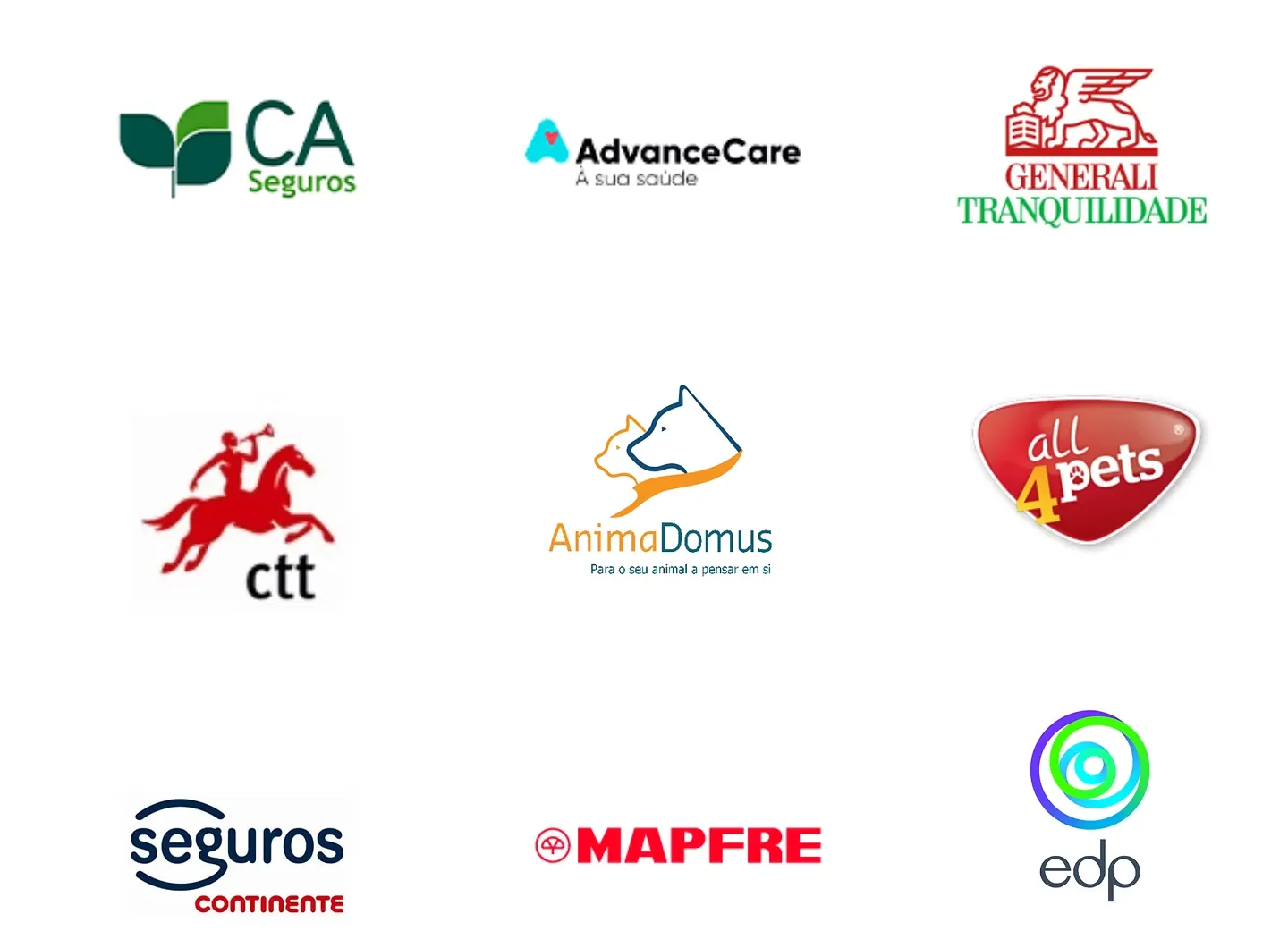 Logótipos das seguradoras da rede: CA Seguros, AdvanceCare, Generali Tranquilidade, CTT, AnimaDomus, all4pets, Seguros Continente, Mapfre e EDP